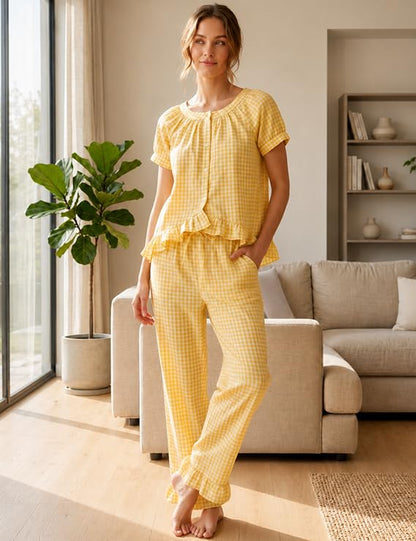 Gingham Cotton Pajamas for Women 2 Piece Cute Ruffle Plaid PJS Set Lounge - color: Yellow, size: X-Large