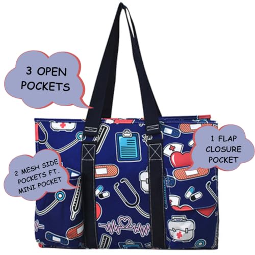 NGIL Work Tote Bag with Exterior Pockets - color: Ngil Zip-nurse Theme-navy