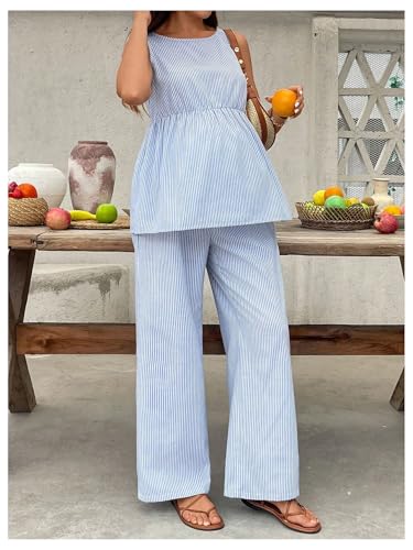 MakeMeChic Women's Maternity 2 Piece Outfits Striped Tank Top and Pants - color: Blue, size: Large