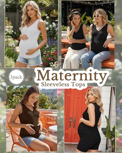 3 Pack Women Maternity Henley Tank Tops - color: Black, White, Coffee, size: Small