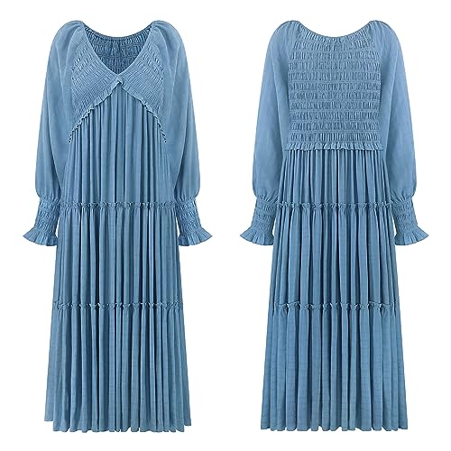 R.Vivimos Long Sleeve V Neck Flowy Maxi Dresses for Women - color: Blue, size: X-Large