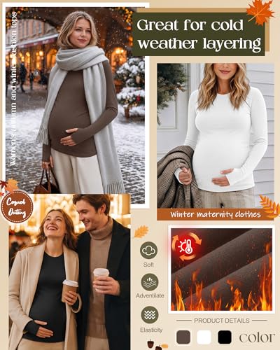 Oakgarden 3 Pack Womens Maternity Thermal Long Sleeve Shirts - color: Brown, White, Black, size: Medium