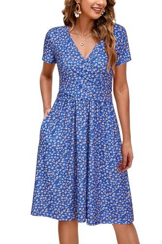 OUGES Women's Wrap V Neck Summer Casual Maternity Nursing Dress - color: Blue Yellow Floral, size: Large