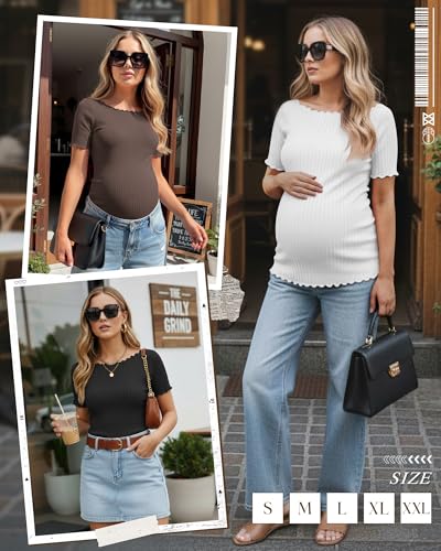 3 Pack Women's Maternity Ribbed Shirts - color: Black, White, Coffee, size: XX-Large