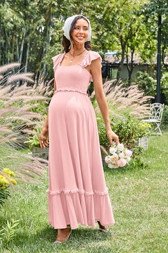 OUGES Women's Ruffle Sleeve Summer Baby Shower Maternity Photoshoot Dress - color: Pink, size: XX-Large