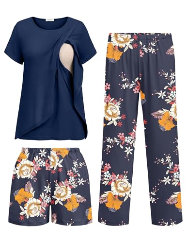 Ekouaer 3 PCS Maternity Nursing Pajamas Set Postpartum Breastfeeding PJS - color: Green Print, size: Small