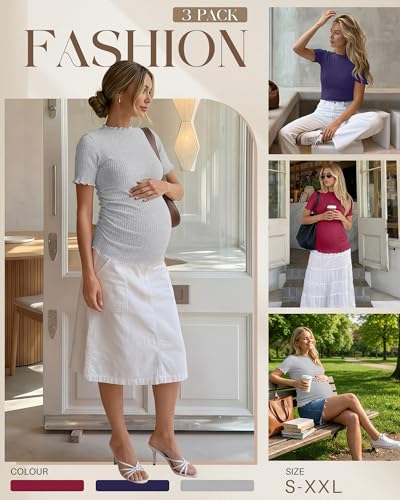 3 Pack Women's Ribbed Maternity Tops - color: Bordeaux Red, Navy Blue, Light Gray, size: Small