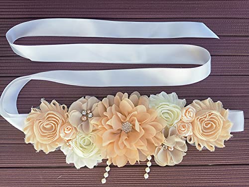 Maternity sash handmade flower sash for baby shower - color: Champagne