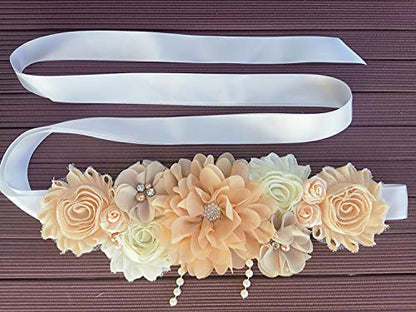 Maternity sash handmade flower sash for baby shower - color: Champagne