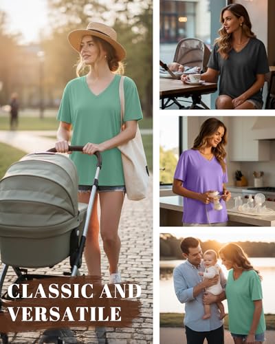 3 Pack Women's Oversize Nursing Shirts - color: Light Green, Light Purple, Dark Gray, size: Medium