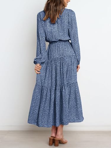 PRETTYGARDEN Womens Long Sleeve Boho Floral Wrap Maxi Dress - color: Blue, size: X-Large