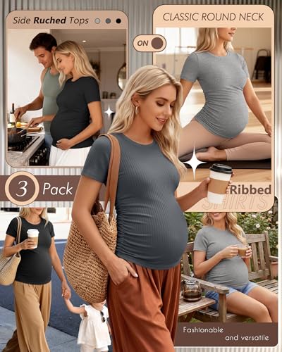 Ficerd 3 Pack Women's Short Sleeve Maternity Shirts - color: Dark Gray, Light Gray, Black, size: Large