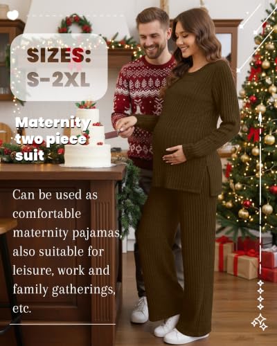 Women's 2 Piece Maternity Ribbed Pajama Outfit - color: Brown, size: Large