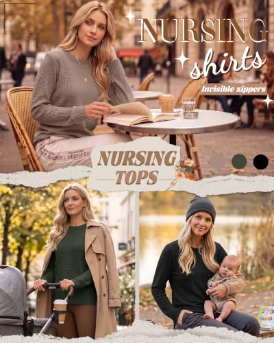 Neer 3 Pack Women's Nursing Hidden Zipper Long Sleeve Shirts - color: Coffee, Army Green, Black, size: Medium