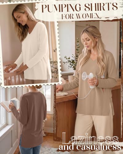 Riyiper 3 Pack Women's Nursing Shirts for Breastfeeding - color: Cream, Light Khaki, Light Brown, size: Large