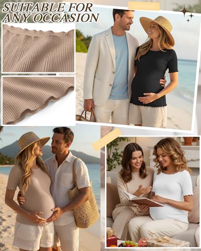 3 Pack Women's Maternity Ribbed Shirts - color: Black, Khaki, White, size: XX-Large