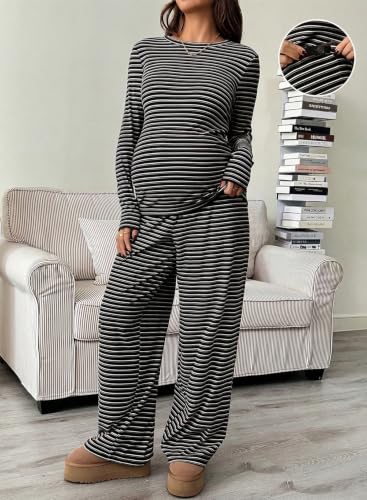 BLENCOT Maternity 2 Piece Outfits Striped Long Sleeve Pregnancy Set - color: Black, size: Medium