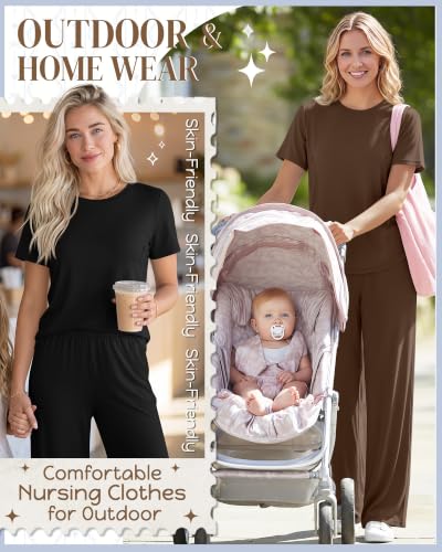 Ficerd 2 Pack Maternity Nursing Pajama Breastfeeding Sets Pjs - color: Brown, Black, size: XX-Large