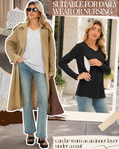 Huukeay 3 Pack Women's Long Sleeve Nursing Breastfeeding Shirts - color: Coffee, White, Black, size: Medium
