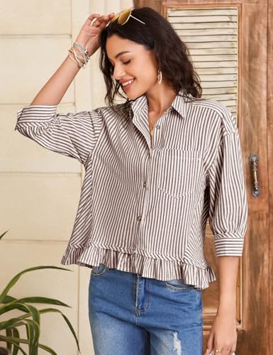 Flygo Womens Striped Button Down Shirts Cropped 3/4 Sleeve Ruffled Blouses - color: Coffee, size: X-Large