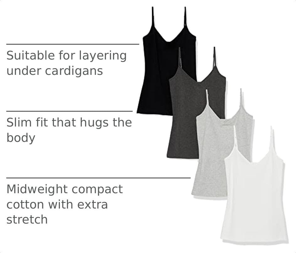 Amazon Essentials Women's Slim-Fit V-Neck Cami, Pack of 4 - color: Black/White/Charcoal Heather/Light Grey Heather, size: Medium