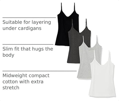Amazon Essentials Women's Slim-Fit V-Neck Cami, Pack of 4 - color: Black/White/Charcoal Heather/Light Grey Heather, size: Medium