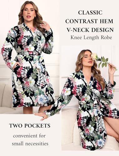 Ekouaer Plus Size Robes for Women Soft Bathrobe V Neck Soft Maternity Robe - color: Bigleafpink, size: 2X