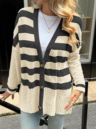Saodimallsu Womens Oversized Striped Cardigan Fuzzy Knit Fall Sweaters - color: Beige, size: X-Large