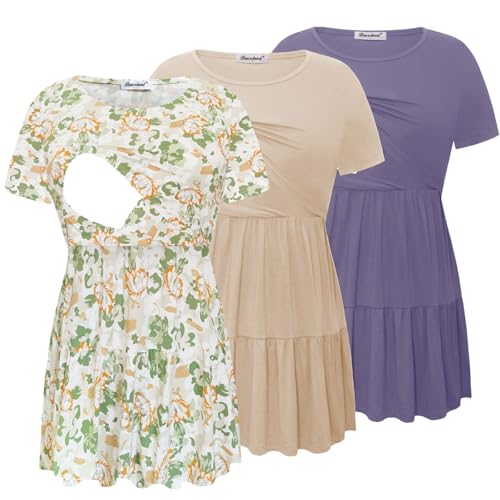 Bearsland Short Sleeve Nursing Top - color: Purple & Khaki & Green-white Flower, size: Medium
