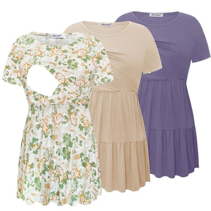Bearsland Short Sleeve Nursing Top - color: Purple & Khaki & Green-white Flower, size: Medium