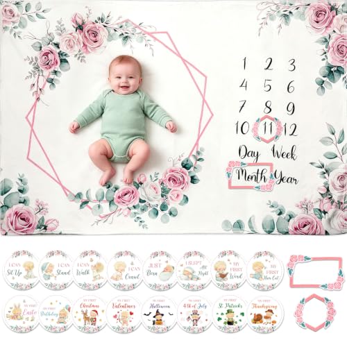 Baby Monthly Milestone Blanket Baby Growth Chart Photo Prop Gift - color: Rose