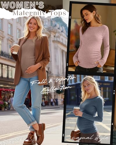 3 Pack Maternity Sweaters Long Sleeve Pregnancy Tops - color: Light Brown, Pink, Blue, size: Large