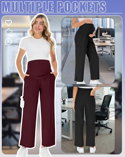 2 Pack Womens Maternity Pants Scrub with 6 Pockets - color: Black, Dark Red, size: Large