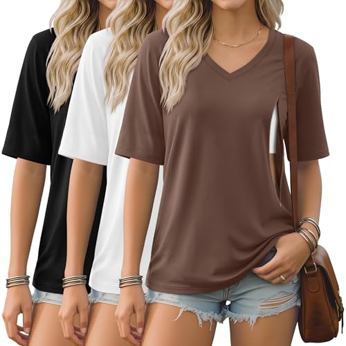Neer 3 Pack Women's Nursing Shirts Breastfeeding Tops - color: Brown, White, Black, size: Large