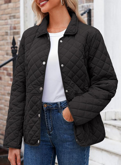 Dokotoo Women's Winter Quilted Jackets Long Sleeve Button Down Diamond Puffer Jacket Outerwear Coats with Pockets - color: Black, size: Medium