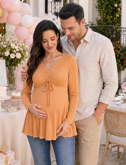 Genhoo Womens Long Sleeve Maternity Tops Ribbed V Neck Maternity Shirts - color: Caramel, size: Large