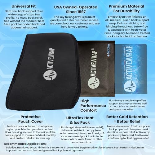 ActiveWrap Lower Back Ice Pack Wrap, Small/Medium – Hot & Cold Therapy with Reusable UltraFlex Gel Pads – Heat Wrap & Wearable Ice Pack for Back Pain Relief, Sciatica, Tailbone & Lumbar Support - size: Small/Medium