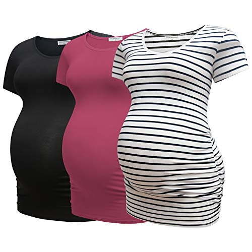 Bearsland Womens Maternity Tshirt 3 Packs Classic Side Ruched Tee Top Mama Pregnancy Clothes - color: Black+russetred+witstripe(3pcs), size: Small