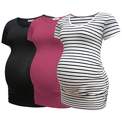 Bearsland Womens Maternity Tshirt 3 Packs Classic Side Ruched Tee Top Mama Pregnancy Clothes - color: Black+russetred+witstripe(3pcs), size: Small