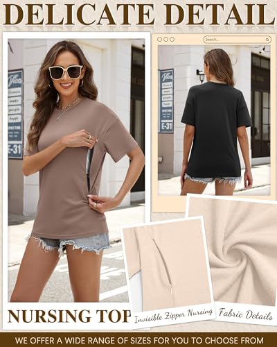 Riyiper 3 Pack Women's Nursing Short Sleeve Shirts - color: Beige, Camel, Black, size: XX-Large