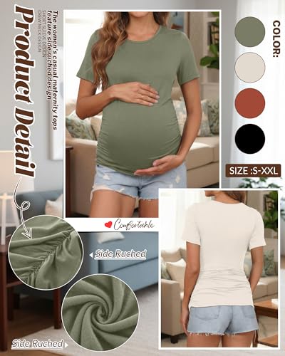 Huukeay 4 Pack Women's Short Sleeve Maternity Tops - color: Army Green, Cream, Pumpkin, Black, size: Medium