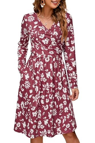 OUGES Women's Nursing Breastfeeding Pocket Fall Baby Shower Maternity Dress - color: White Floral Red, size: Medium