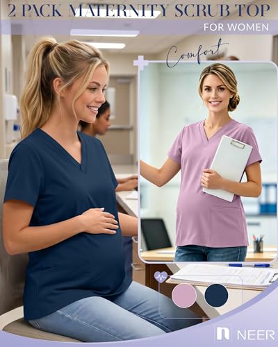 Neer 2 Pack Maternity Scrub Top for Women - color: Light Pink, Dark Blue, size: X-Large