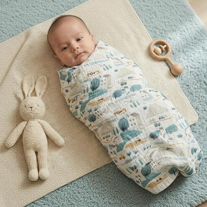Muslin Swaddle Blankets for Newborn, Cotton Receiving Blanket - color: Light Blue Farm Country