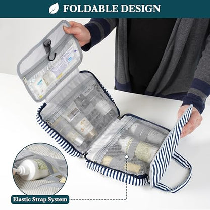 PAVILIA Hanging Toiletry Bag for Women Men, Makeup Organizer, Stripe Navy - color: Navy Stripe