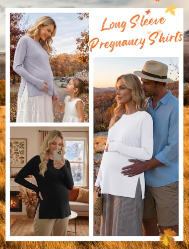 3 Pack Women Maternity Shirts Long Sleeve Pregnancy Tops with Thumb Hole - color: Black/White/Light Grey, size: Medium