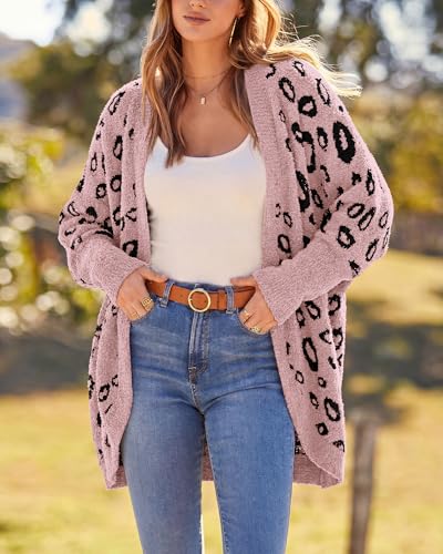 BTFBM Leopard Cardigan for Women Knit Fall Fashion Clothes - color: Pink, size: Medium