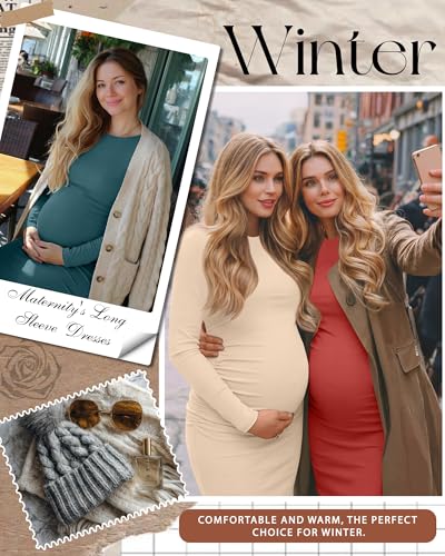 Riyiper 3 Pack Women's Long Sleeve Maternity Dresse - color: Dark Blue Green, Apricot, Orange Red, size: XX-Large