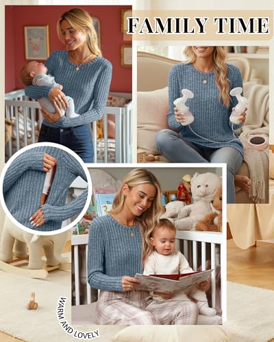 Womens Maternity Nursing Breastfeeding Ribbed Shirt - color: Blue, size: X-Large