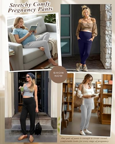3 Pack Women's Maternity Pants Pregnancy Joggers - color: Navy Blue, Light Gray, Black, size: Small